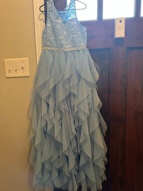Rare Editions Powder Blue Lace Bodice Ruffle Tulle Gown